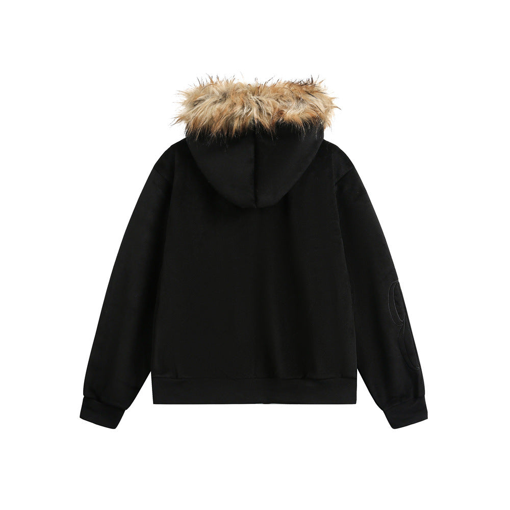 American Retro Men's Sweater Hooded Fur Collar Cardigan